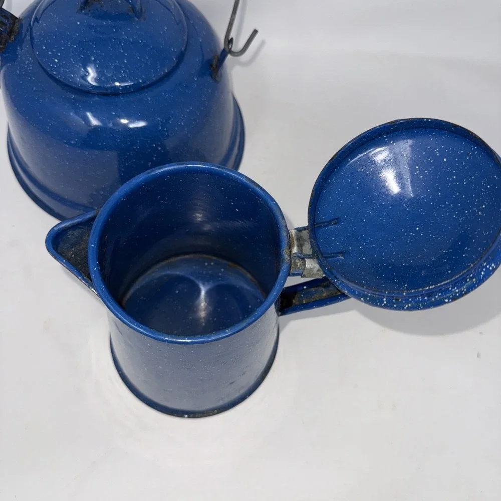 2 Pc Speckle Blue Enamelware Kettle tea coffee pot metal spring handle Camping